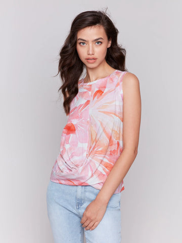 Printed Cotton Slub Tank Top with Knot Detail