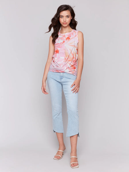 Printed Cotton Slub Tank Top with Knot Detail