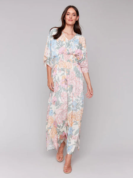Printed Dolman Sleeve Maxi Dress with Side Slits
