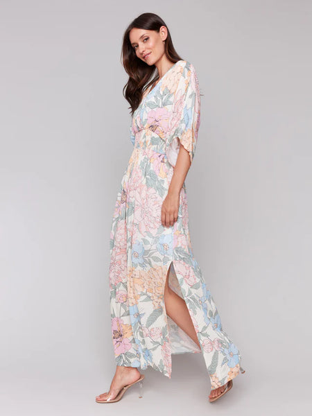 Printed Dolman Sleeve Maxi Dress with Side Slits