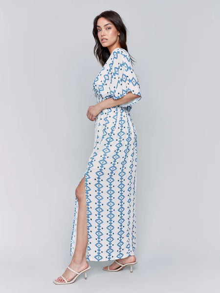 Printed Dolman Sleeve Maxi Dress with Side Slits