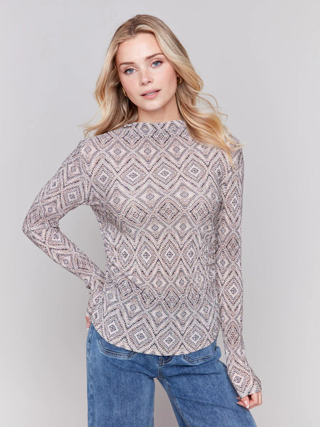 PRINTED RUCHED MOCK NECK TOP