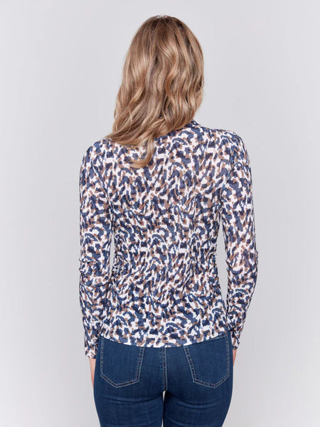 PRINTED RUCHED MOCK NECK TOP