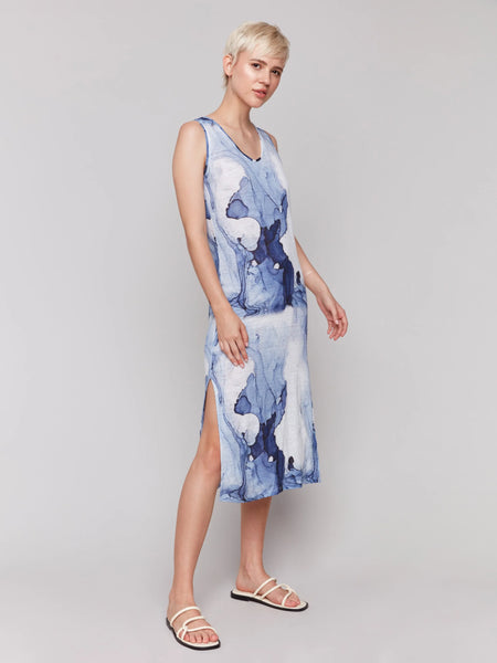 Printed Sleeveless Linen Blend Dress with Side Slits