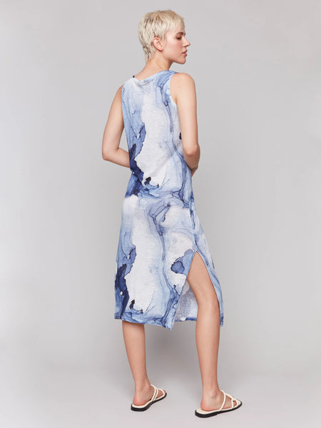 Printed Sleeveless Linen Blend Dress with Side Slits