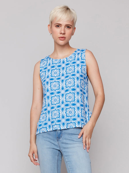 Printed Sleeveless Linen Blend Top with Side Ties