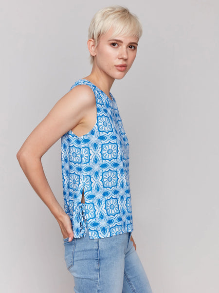 Printed Sleeveless Linen Blend Top with Side Ties