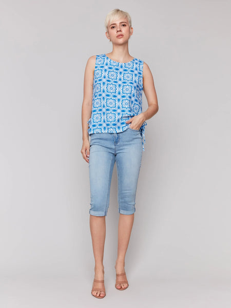 Printed Sleeveless Linen Blend Top with Side Ties
