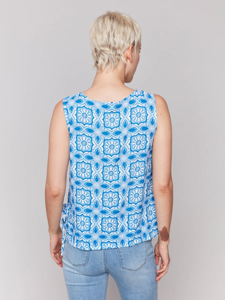 Printed Sleeveless Linen Blend Top with Side Ties