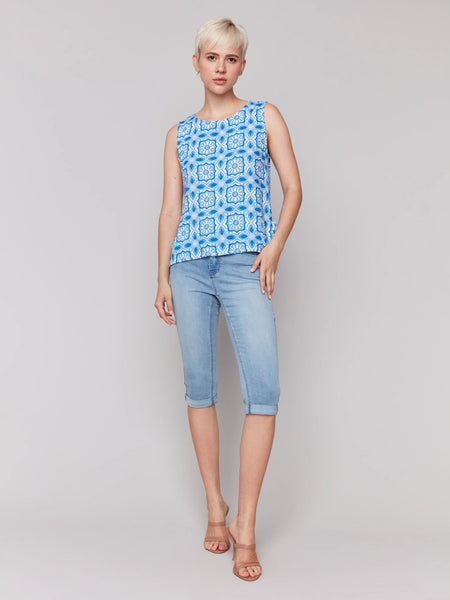 Printed Sleeveless Linen Blend Top with Side Ties