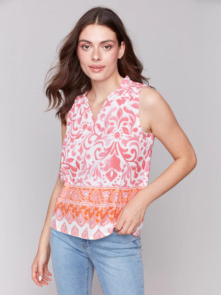 Printed Sleeveless Ruffle Neck Top