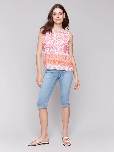Printed Sleeveless Ruffle Neck Top
