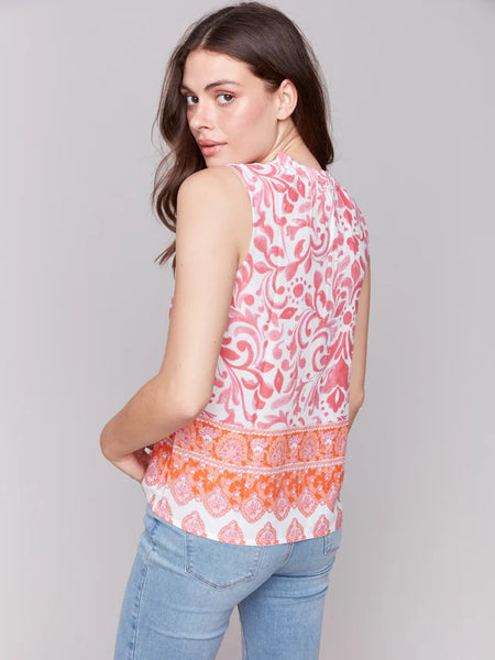 Printed Sleeveless Ruffle Neck Top
