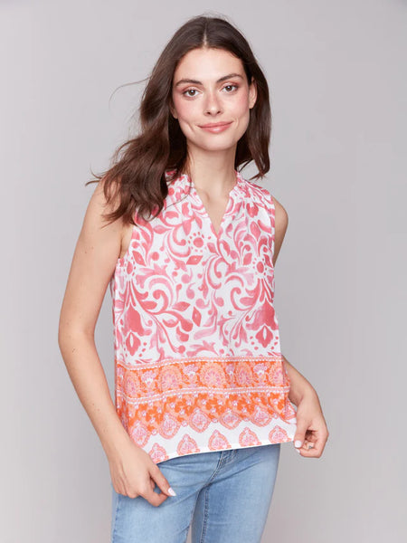 Printed Sleeveless Ruffle Neck Top