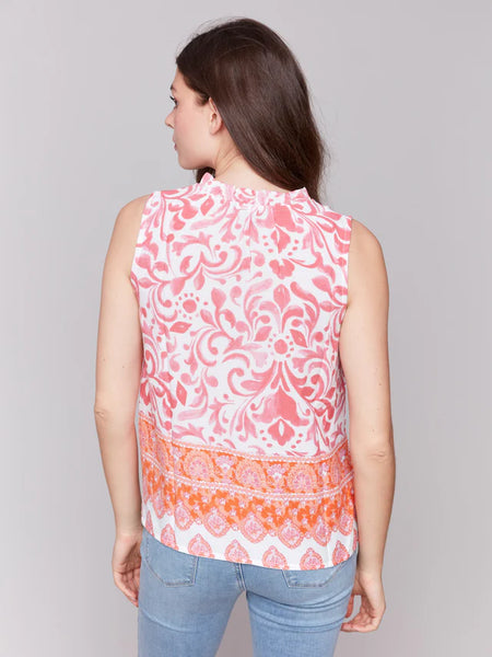 Printed Sleeveless Ruffle Neck Top