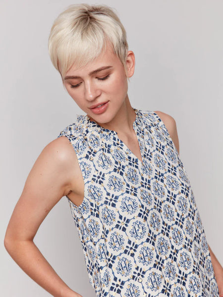 Printed Sleeveless Ruffle Neck Top