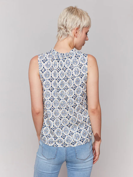 Printed Sleeveless Ruffle Neck Top