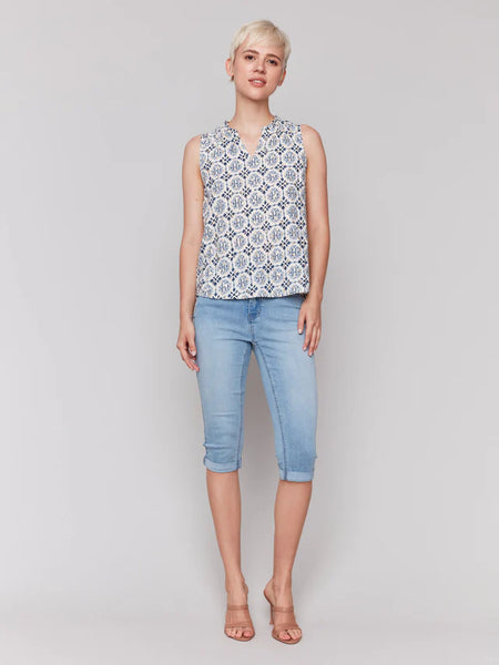 Printed Sleeveless Ruffle Neck Top