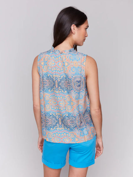 Printed Sleeveless Ruffle Neck Top