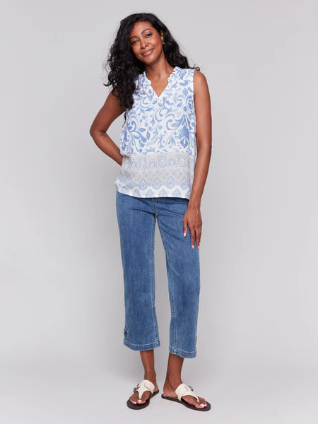 Printed Sleeveless Ruffle Neck Top