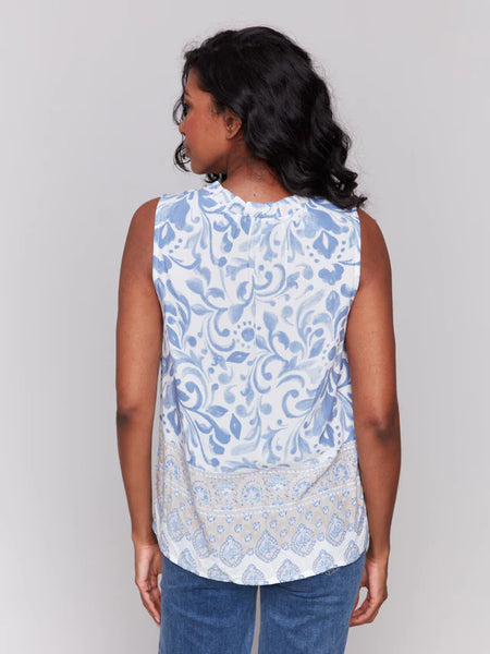 Printed Sleeveless Ruffle Neck Top