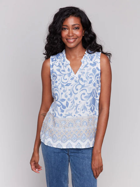 Printed Sleeveless Ruffle Neck Top