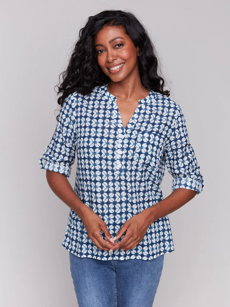 Printed Viscose Half-Button Blouse