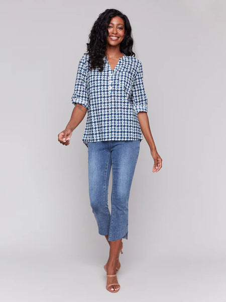 Printed Viscose Half-Button Blouse