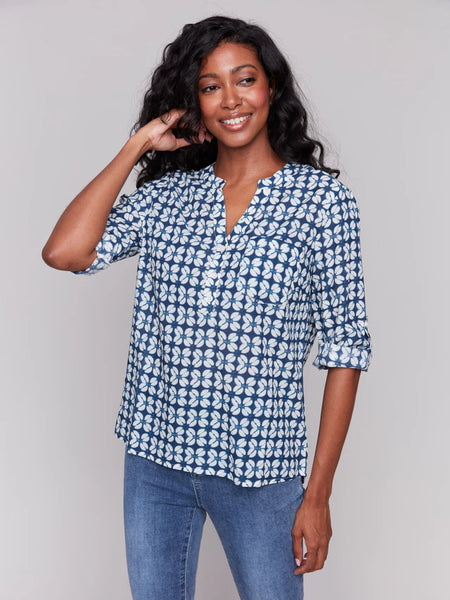 Printed Viscose Half-Button Blouse