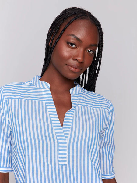 Striped Short Sleeve Popover Blouse
