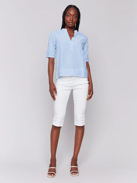 Striped Short Sleeve Popover Blouse