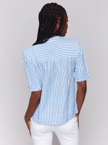 Striped Short Sleeve Popover Blouse
