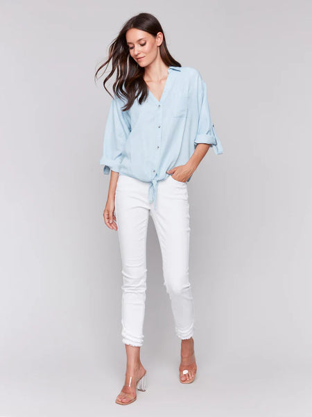 Tencel Button-Front Blouse with Front Tie