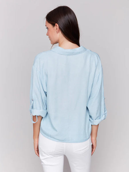 Tencel Button-Front Blouse with Front Tie