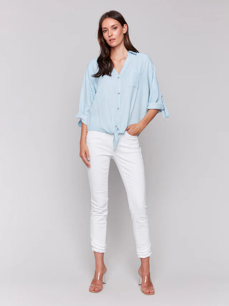 Tencel Button-Front Blouse with Front Tie