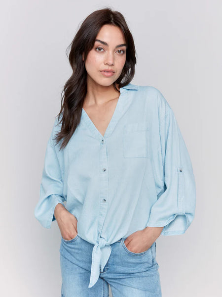 Tencel Button-Front Blouse with Front Tie