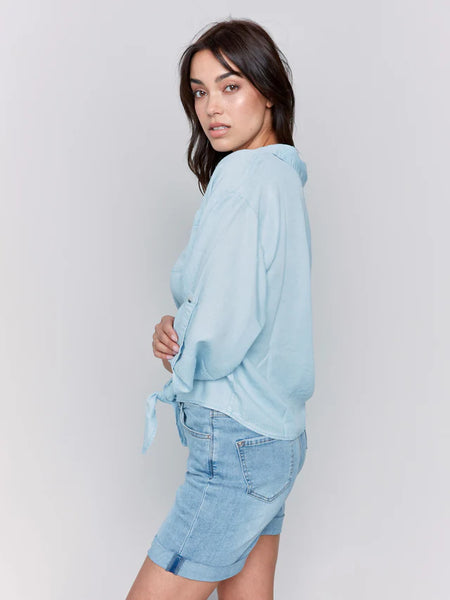 Tencel Button-Front Blouse with Front Tie