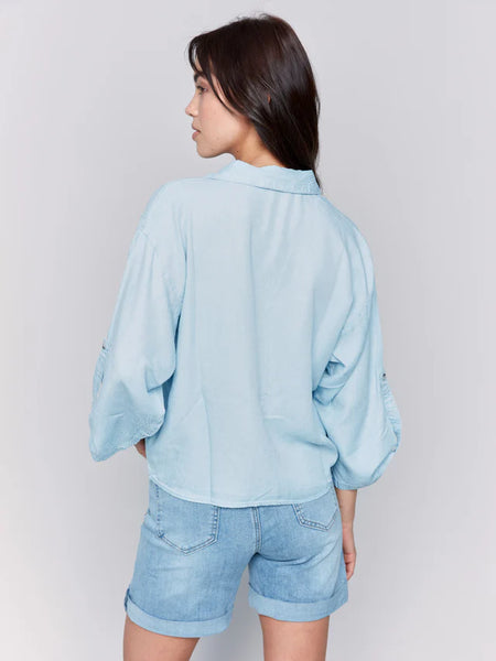 Tencel Button-Front Blouse with Front Tie
