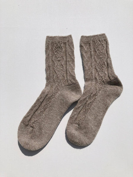 CABLE WOOL SOCKS: Mushroom / M/L