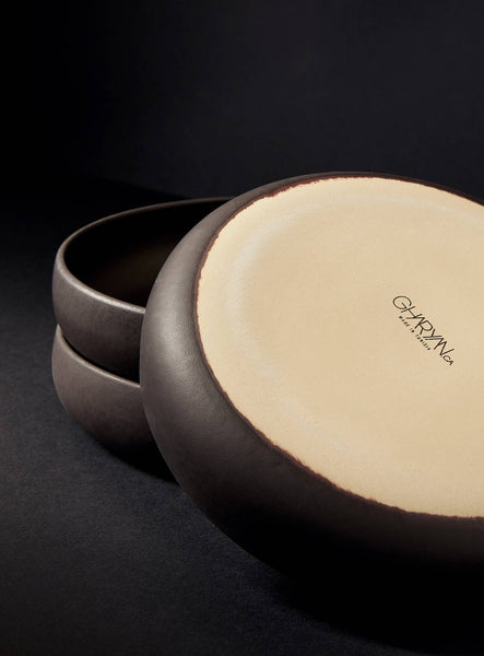 Handmade Stoneware Pasta/Salad Plate | Edan 7.9": Matte Black/Shiny White